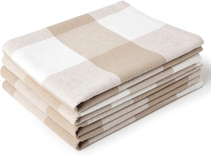 Encasa XO Cotton Kitchen Towel Set | Hand and Tea Cloth for Cleaning & Quick Drying, X-Large 28"x18" (Pack of 4) Highly Absorbent - Buffalo Beige Checks