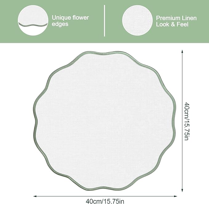 Set of 6 Scallop Linen Placemats, 15 Inch Light Green and White Round Placemats Cotton Linen Table Mats Handcrafted Machine Washable Wrinkle Free Dining Placemat for Hotel Restaurant Kitchen