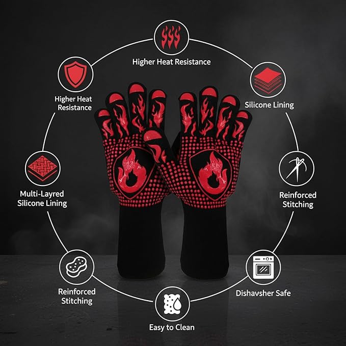BBQ Grill Gloves, 1472°F Extreme Heat Resistant Grilling Gloves Non-Slip Oven Mitts Potholder, Perfect for Barbecue, Cooking, Baking, Fireplace, Smoker - 2 Pair