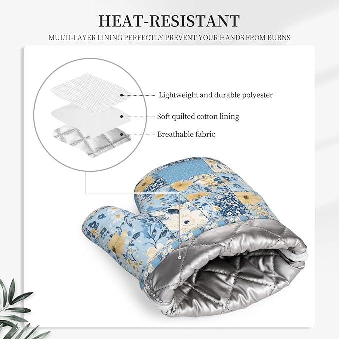 Oven Mitts and Pot Holders Floral Blue Pastel Vintage Silicone Kitchen Accessories Set of 2 Heat Resistant Long Gloves Potholder Non-Slip Grip for Chef Cooking,Baking,Grilling,BBQ