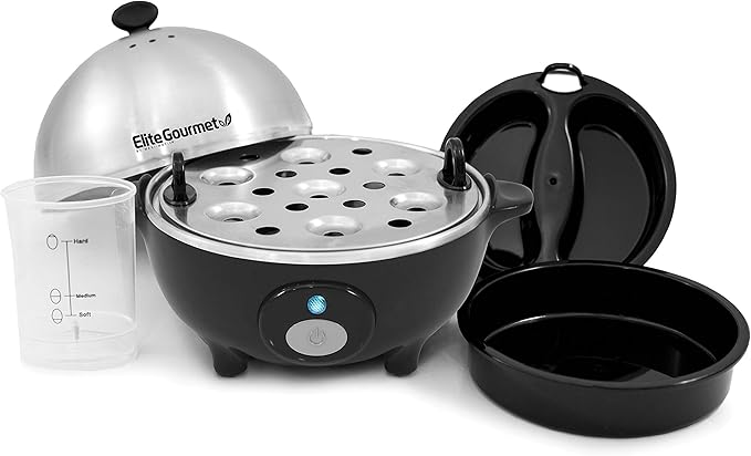Elite Gourmet EGC-508 Rapid Egg Cooker, 7 Easy-To-Peel, Hard, Medium, Soft Boiled Eggs, Poacher, Omelet Maker, Auto Shut-Off, Alarm, 16-Recipe Booklet, Stainless Steel