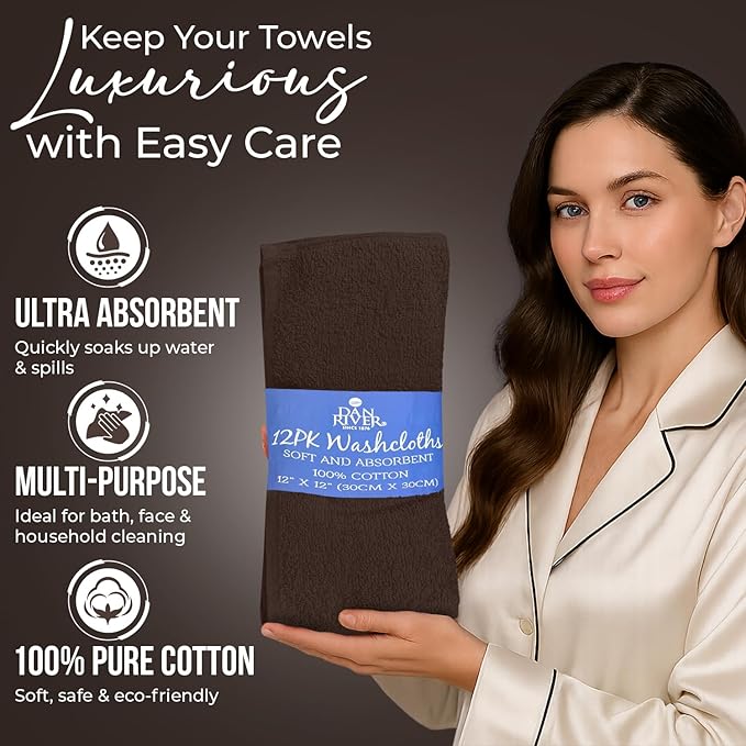 DAN RIVER 12 Pack Wash Cloths for Showering [12x12] - 100% Cotton Washcloths Premium Quality Flannel Face Cloths for Bathroom, Highly Absorbent and Soft Feel Wash Clothes, Brown