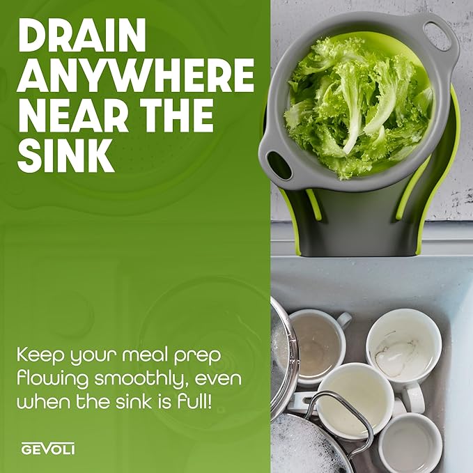 Gevoli 3-Pack Collapsible Colanders with Self-Draining Base, Over Sink-edge Silicone Food Strainers, Small/Med/Large Sizes, Nesting for Easy Compact Storage (3Qt, 4Qt, 5-Quart Set) Green/Gray