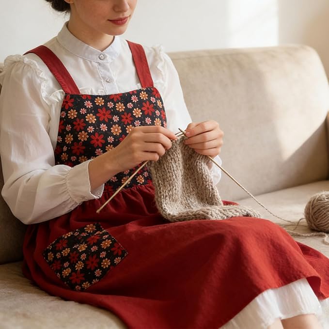 Uaussi Cotton Linen Apron Cross Back Work Apron for Women with Pockets Pinafore Dress X Cross Halter Apron for Chef Gardening