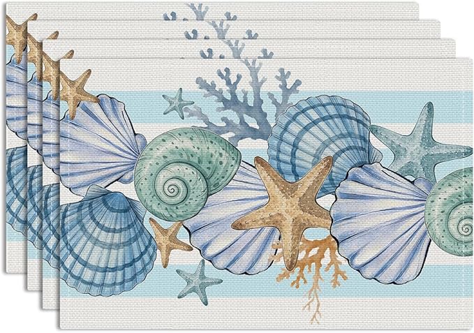 Sea Shell Starfish Beach Placemats Set of 4, 12x18 Inch Seasonal Spring Ocean Coastal Washable Linen Nautical Table Mats for Indoor Outdoor Party Kitchen Dining Decoration, wipeable placemats