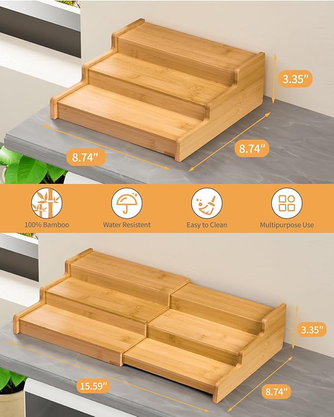 VenDotbi Spice Rack, 3-Tier Expandable Bamboo Spice Rack Organizer for Cabinet, Kitchen, Pantry and Cupboard Storage Organizer(2pack)