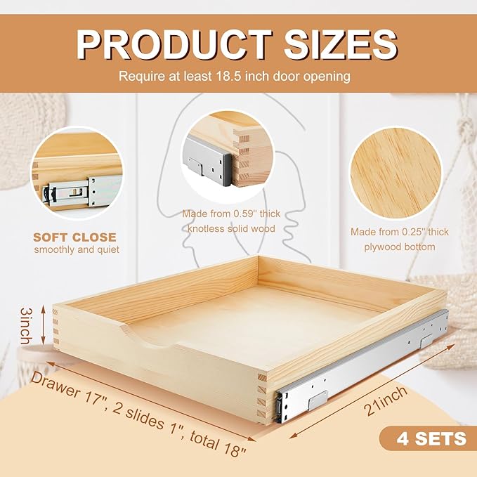 Sintuff 4 Pack Wooden Pull out Tray Cabinet Organizer Gentle Close Roll out Shelves for Kitchen Cabinets Fully Assembled Slide Pantry Shelves (18'' X 21'')