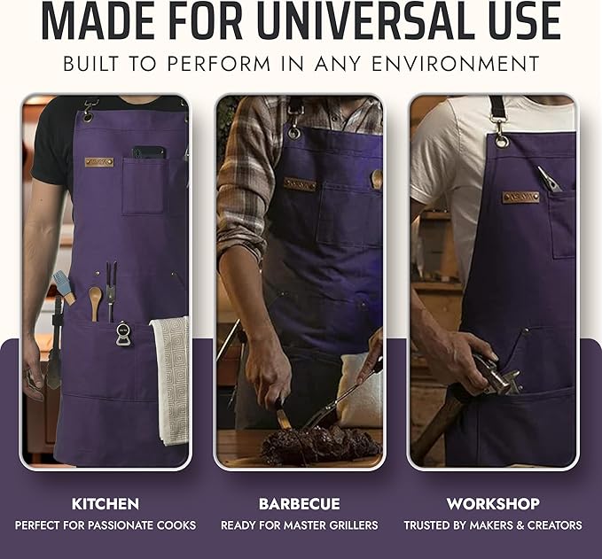 Asaya Chef and BBQ Apron with Bottle Opener and Hand Towel - 10oz Cotton Canvas, Stainless Steel Hardware - Cross Back Straps