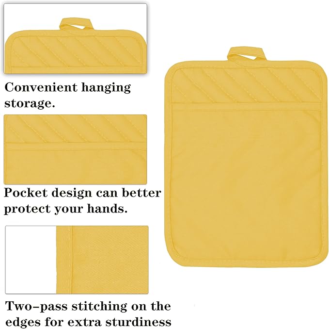 Oven Pot Holder with Pocket Cotton Heat Resistant Coaster Potholder Kitchen Hot Pad Oven Mitts for Cooking Square 7"x9"Set of 5 (Yellow)