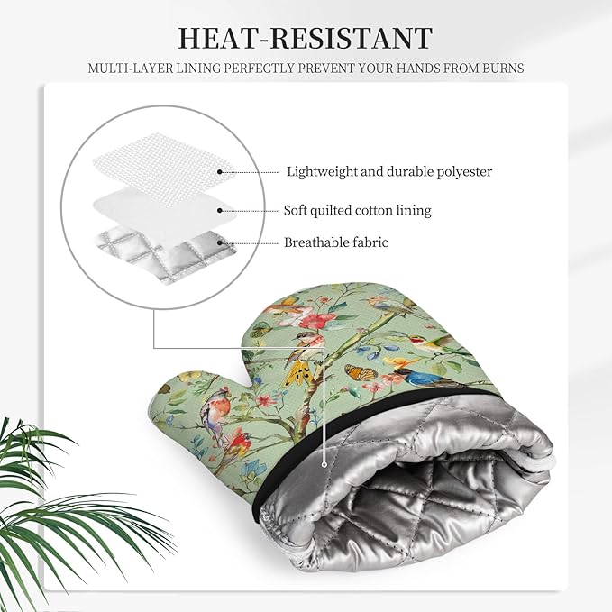 Bird Oven Mitts and Pot Holders Sets 3PCS, Floral Botanical Print Silicone Oven Mitts Birthday for Bird Lover Garden Kitchen, Song Birds Heat Resistant Non-Slip Oven Gloves for Mom Wife Sister BFF