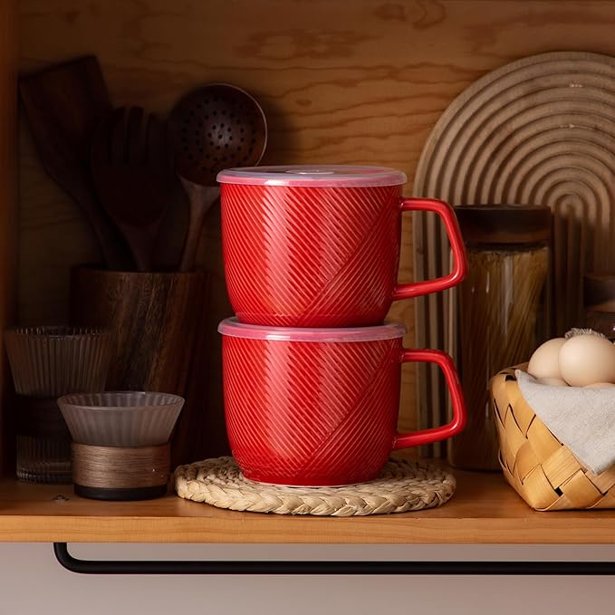 Ceramic Soup Bowl with Lid & Handle: 32 oz Microwave Safe Food Container for Ramen Noodles Cereal Leftovers - Extra Large Mugs for Breakfast Lunch Picnic Camping - Red, Set of 2