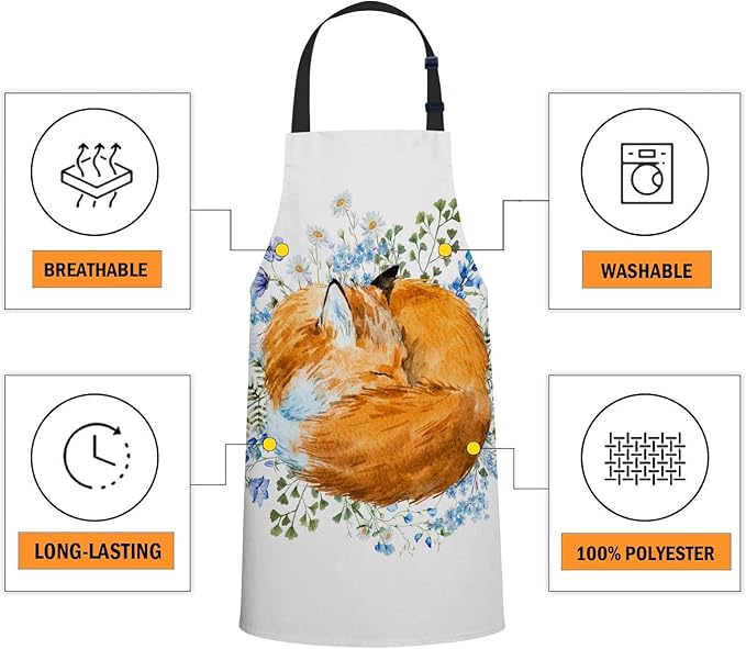 oFloral Watercolor Sleeping Fox Apron Unisex Adjustable Bib Apron, Cooking Kitchen Chef Apron, Women Men Apron for Home Kitchen, Restaurant, Coffee house