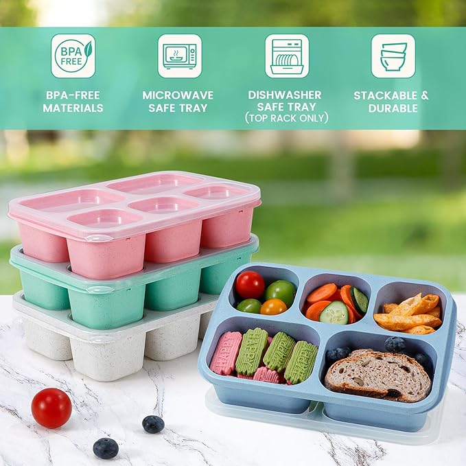 Caperci Wheat Straw Bento Snack Box Containers for Adults & Kids - Reusable Adult Lunchable Food Storage Containers with 5-Compartment for Snacks & Meals, BPA-Free, 4-Pack (Multicolor & Clear Lids)