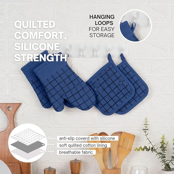 Oven Mitts and Pot Holders Set for Kitchen | 4 Pc Set| Heat Resistant Up to 500°F | Non-Slip Silicone Strips | Blue Kitchen Accessories | Includes 2 Hot Pads & 2 Cooking Mitts