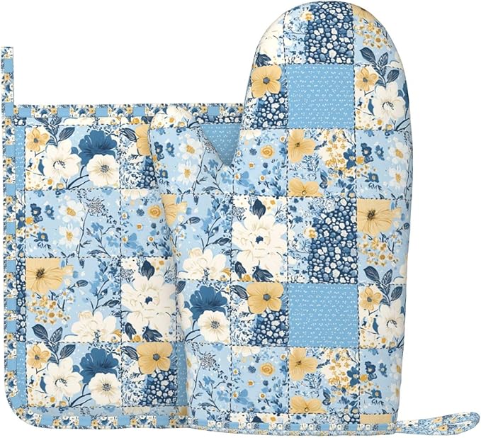 Oven Mitts and Pot Holders Floral Blue Pastel Vintage Silicone Kitchen Accessories Set of 2 Heat Resistant Long Gloves Potholder Non-Slip Grip for Chef Cooking,Baking,Grilling,BBQ