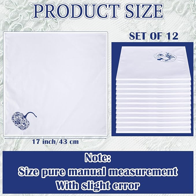 HunnmingRe 12 Pcs Thanksgiving Blue and White Cloth Napkins Chinoiserie Embroidered Pumpkin Cotton Hand Towels Blue Guests Napkin for Dinner Holiday Harvest Weddings Parties Washable 17x17 Inch
