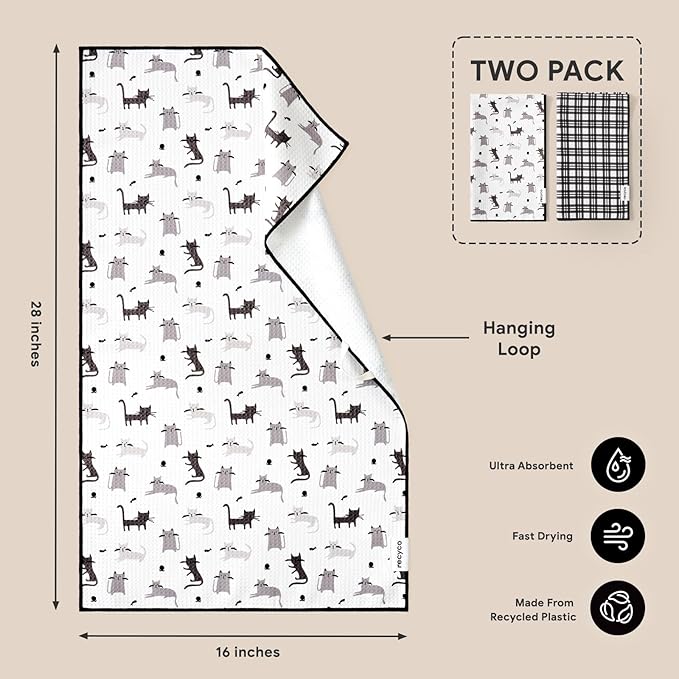 RECYCO Waffle Kitchen Towel Set of 2 - Quick Dry Microfiber Sustainable Dish Towels - Absorbent Reusable Cleaning Tea Towels - Lightweight Hand Towels,16”x 28”, Shadow Meow