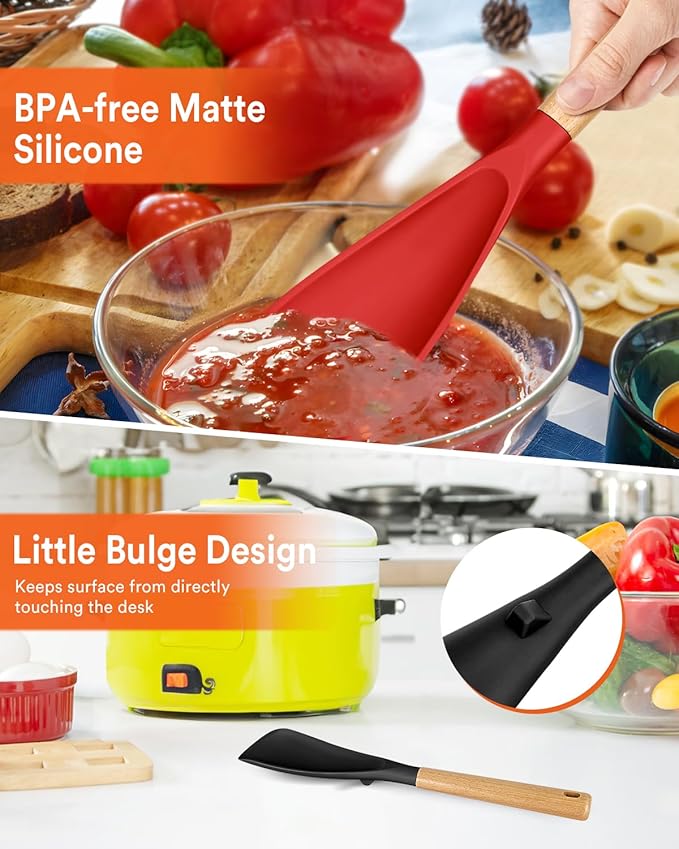 Cooking Spoon for Nonstick Cookwares, Great for Cooking and Serving Sturdy BPA-Free Matte Silicone, Wood Handle Spoon for Mixing, Scoop, and Scrape (Black & Red, 13.4 inch)