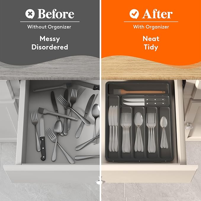 Lifewit Silverware Organizer with Lid, Covered Utensil Tray for Kitchen Drawer and Countertop, Plastic Cutlery and Flatware Storage Box for Spoons Forks Knives Holder Case, 29 x 37cm, Black
