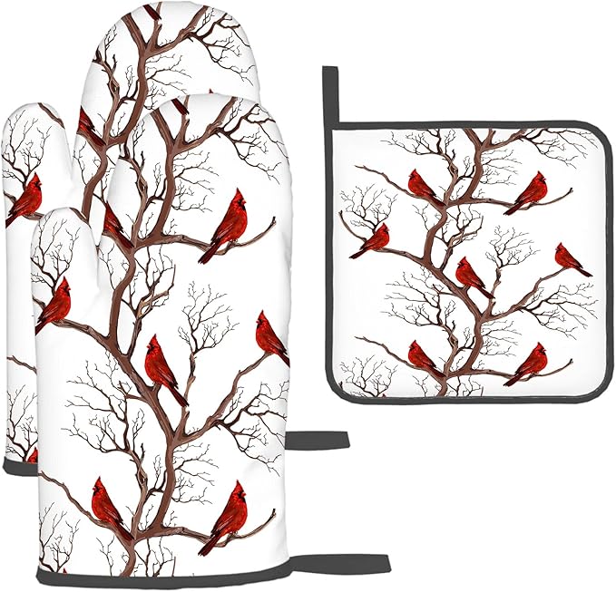 Winter Cardinal Birds Oven Mitts and Pot Holders Sets of 3 Kitchen Hot Pads Oven Gloves Heat Resistant Washable for Cooking Grilling Baking Christmas Holiday Kitchen Decor Cardinal Gifts for Women