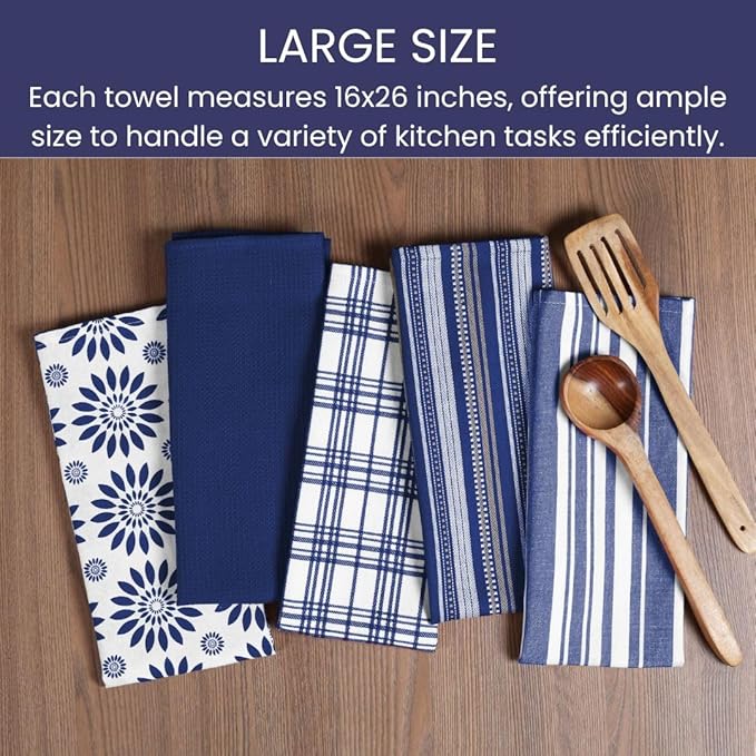 Assorted Kitchen Towels Large 16x26 inches 100% Cotton Set of 5 - Soft Absorbent Washable Tea Towel for Kitchen - Dish Cloths with Hanging Loop - Quick Drying Dish Towels Navy Blue