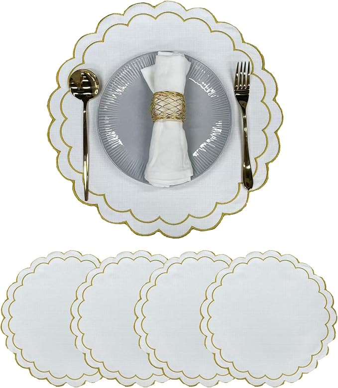 Linen Cotton Placemats Set of 4 Scalloped Flower Embroidery Place Mats 15'' Natural Linen Texture Fabric Machine Washable Table Mats for Restaurant Kitchen,Table Decor(White)