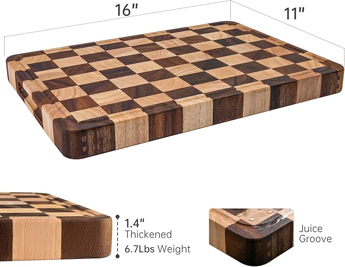 Checkered Cutting Boards for Kitchen, Acacia Wooden Chopping Board with Juice Grooves & Handles, Thickened Butcher Block for Meat, Vegetables and Fruits with Gift Box, 16" x 11" x 1.4"