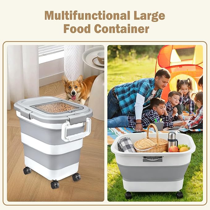 Komzon Rice Storage Container, Collapsible Airtight Food Storage Containers 20-30 Lbs, Rice Dispenser Bin with Cup and Scoop for Flour Cereal Pasta Grain, Cat Bird Pet Dog Food Storage Container