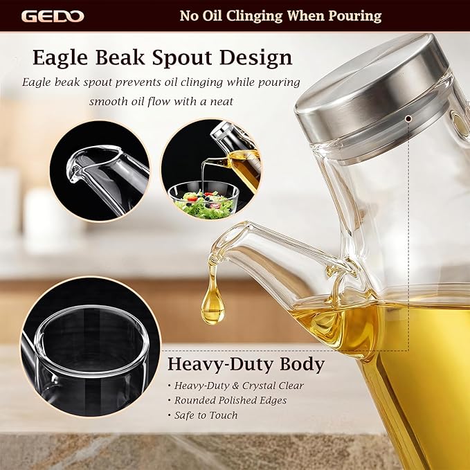 GEDO Borosilicate Glass Oil Dispenser, Eagle Beak Drip-Free Spout with Airtight Stainless Steel Lid, Measurement Markings & Ergonomic Handle, Multi-Purpose for Kitchen & Outdoor Picnic (0.58QT/550ml)