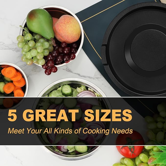 hunnycook 5 Piece Mixing Bowl Set - Mixing Bowls with Lid, Stainless Steel Mixing Bowls for Baking, Size 1.5, 2.1, 3.5, 4, 4.5QT, Baking Bowl for Food Preparation, Mixing and Serving Foods