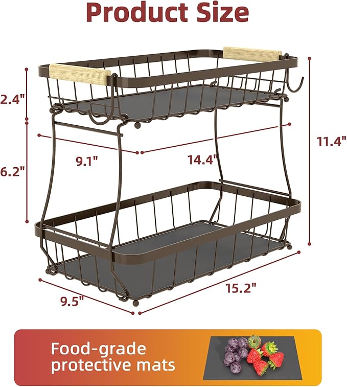 Sevenblue 2 Tier Large Fruit Basket for Kitchen Counter with 2 Mobile Banana Hangers, 2026 Pro Detachable Metal Fruit Bowl with Wooden Handle (Brown, 2 Tier Extra Large)