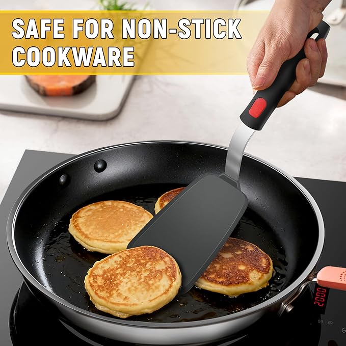 Flexible Silicone Spatula Turner, Heat Resistant Silicone Turner for Non-Stick Cookware, BPA-Free Food Grade Kitchen Spatula Utensils, Ideal for Flipping Eggs, Burgers, Pancakes, 11.8 x 2.4 in, Black