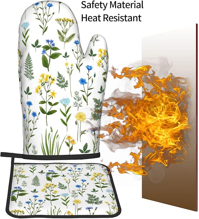 Blue Yellow Green Floral Oven Mitts & Pot Holders Sets of 3, Heat Resistant Sky Blue Teal White Flowers Kitchen Gloves and Hot Pads for Cooking Baking Grilling, Baking Gifts for Women, Kitchen Decor
