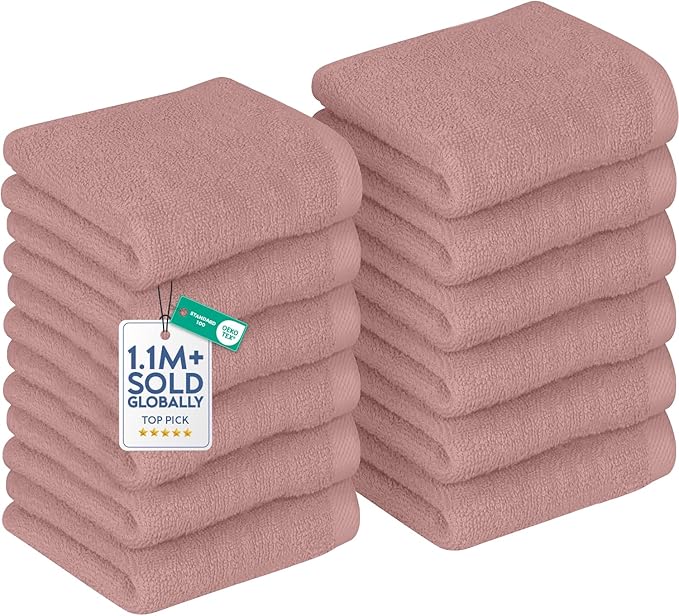 DAN RIVER 12 Pack Wash Cloths for Showering [12x12] - 100% Cotton Washcloths Premium Quality Flannel Face Cloths for Bathroom, Highly Absorbent and Soft Feel Wash Clothes, Dusty Pink