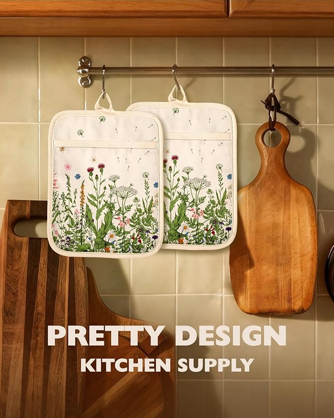 Slohif Silcone Flower Pot Holders for Kitchen - 100% Cotton Beige Cute Oven Potholders with Pockets, Heat Resistant Square Thick Hot Pads, House New Home Baking Baker Gifts,2pack