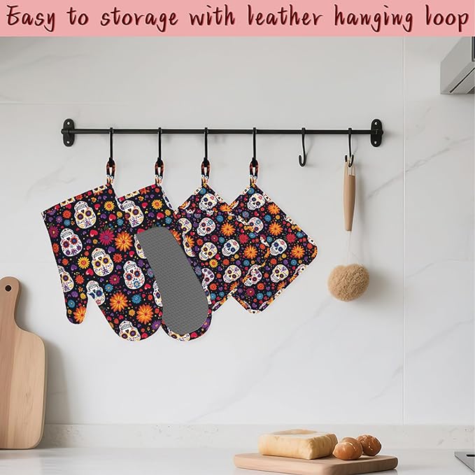 Mexican Skull Heat-Resistant Silicone Oven Mitts and Pot Holders 4 Piece Set,Sugar Skull Day of The Dead Extra Long Non-Slip Kitchen Oven Gloves for Cooking, Baking, BBQ,Grilling
