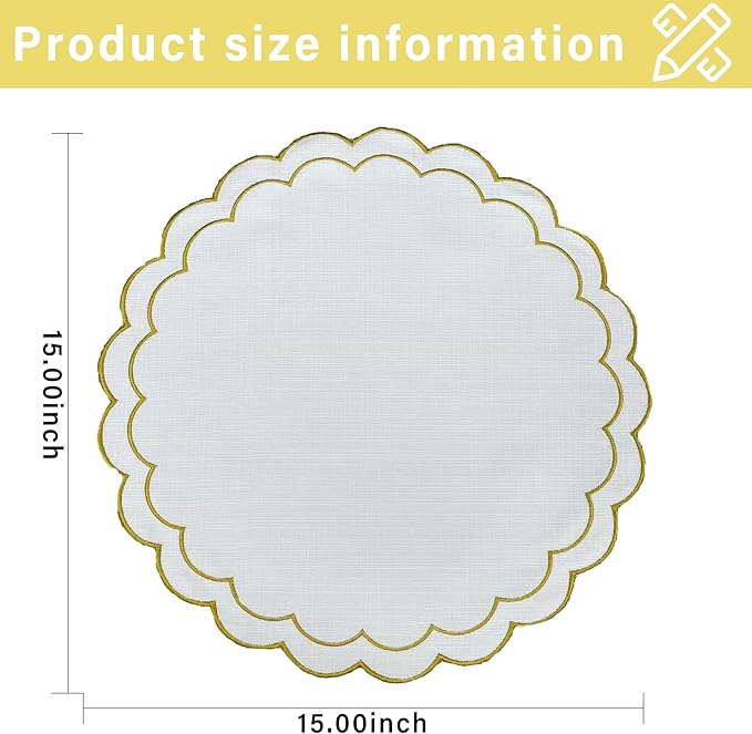 Linen Cotton Placemats Set of 4 Scalloped Flower Embroidery Place Mats 15'' Natural Linen Texture Fabric Machine Washable Table Mats for Restaurant Kitchen,Table Decor(White)