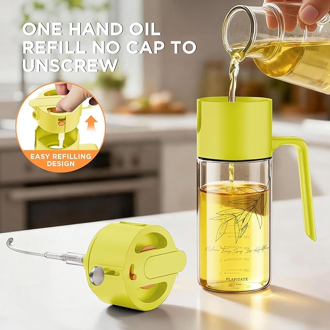 PLAPITATE 17oz/500ml Premium Olive Oil Sprayer for Cooking, 2 in 1 Glass Olive Oil Dispenser Bottle for Kitchen Gadgets, Spray Bottle with Portion Control for Salad, Frying, BBQ (Lime Yellow)