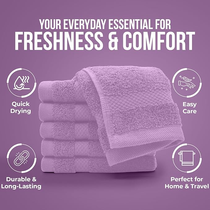 DAN RIVER 12-Pack Premium 100% Cotton Lavendar Face Towels for Bathroom - Reusable Face Wash Cloths for Showering 12x12 Inches - 550 GSM Super Soft & Absorbent Luxury WashCloths for Body, Spa & Gym
