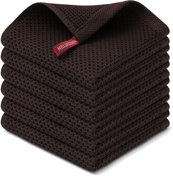 Kitinjoy 100% Cotton Kitchen Dish Cloths (12 X 12 Inches, Dark Brown), 6 Pack Waffle Weave Ultra Soft Absorbent Dish Towels for Drying Dishes Quick Drying Kitchen Towels Dish Rags