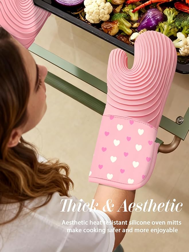 Slohif Long Silicone Oven Mitts Heat Resistant for Women - 2 Pcs Heart 100% Cotton Oven Gloves, Non-Slip and Waterproof Silicone Oven Mitts with Hanger for Baking and Cooking