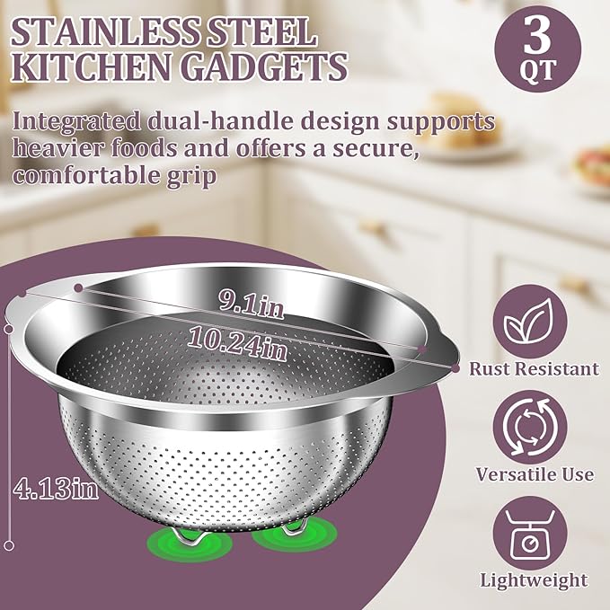 Stainless Steel Colander - 3QT Medium Capacity Strainer with Handle, Kitchen Food Strainer Basket for Washing Vegetables, Fruits, Rice, and Pasta, Kitchen Present for Women