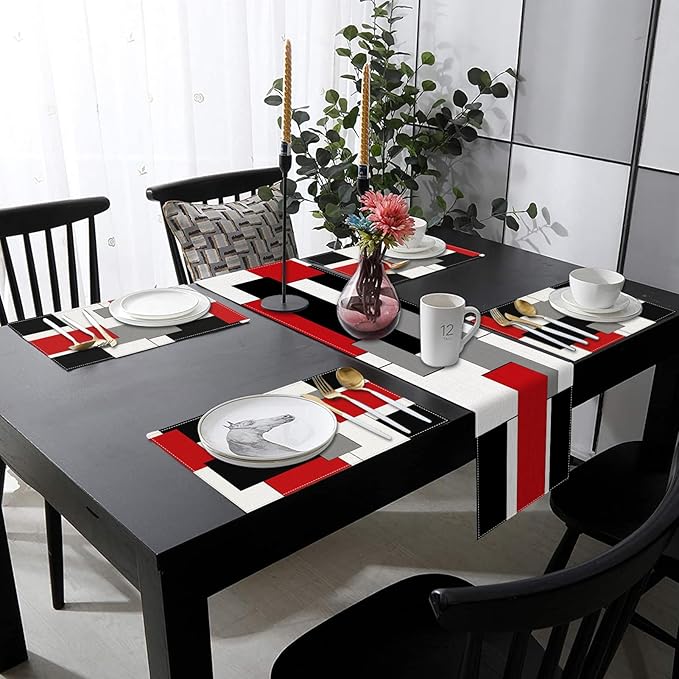 ArtSocket Geometric Table Runner and Placemats Set of 6, Red Black Grey Abstract Painting Art Dining Decor for Daily Use(1 Table Runner 72 inches Long and 6 Placemats)