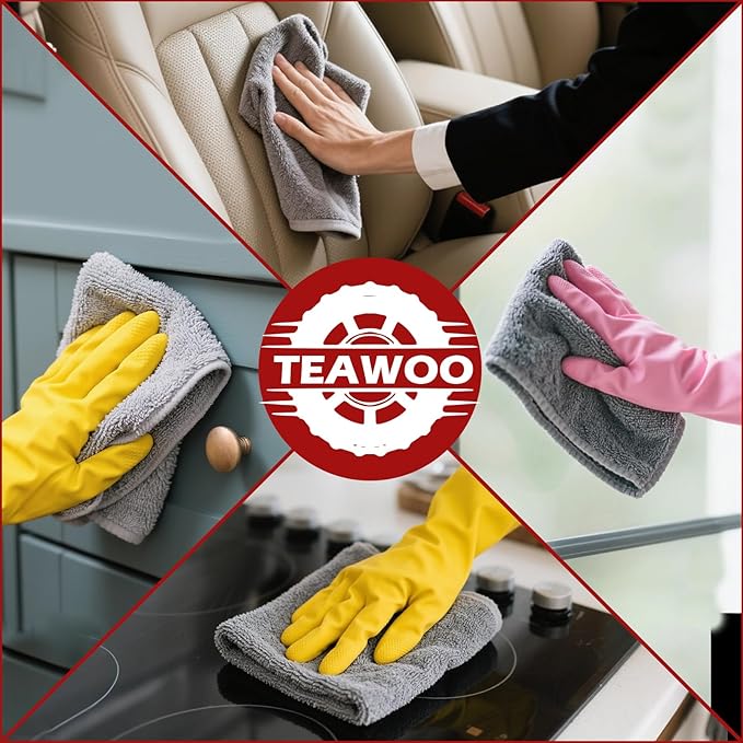 TEAWOO Microfiber Cleaning Cloths Bulk-50 Pack, Gray Microfiber Towels for Cars, Ultra Absorbent Microfiber Towel Weave Grime & Liquid for Streak-Free Mirror Shine - Car Washing Cloth, 12x12 inches