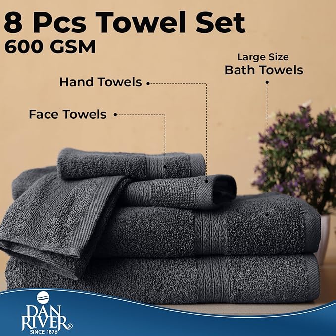 DAN RIVER 8 PC Luxury Bath Towels for Bathroom, 2 Bath, 2 Hand, and 4 Wash Cloths, 600 GSM 100% Ring Spun Cotton Towel Set, Highly Absorbent, Gym, Hotel, and Spa, Dark Gray