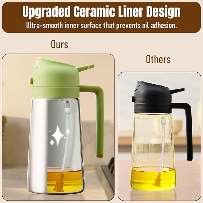 PARACITY Oil Dispenser Bottle with Stainless Steel Shell & Ceramic Sprayed Interior, 2 in 1 Olive Oil Sprayer and Dispenser, Oil Spray Bottle for Cooking, Kitchen, BBQ, Air Fryer, Salad, Baking(Green)