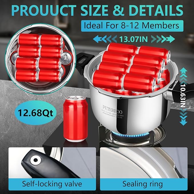 Premium 12 Quart Stainless Steel Pressure Cooker, Commercial Grade Luxury Cookware, Brand Quality Durability, Professional Performance for Large Families & Events
