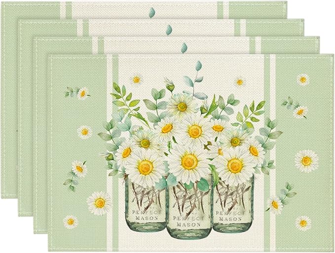 Artoid Mode Eucalyptus Leaves Daisy Vase Placemats for Dining Table, 12 x 18 Inch Spring Easter Summer Seasonal Holiday Decoration Rustic Vintage Washable Table Mats Set of 4 Green