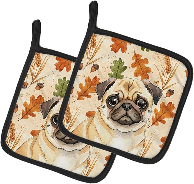 Caroline's Treasures Fawn Pug Heirloom Fall Pair of Pot Holders Pair 7.5x7.5 Quilted Insulated Hot Pads Decorative Kitchen Gift Made in USA