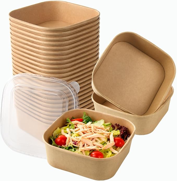 40 Sets 33oz Disposable Kraft Paper Bowls with Lids, Large Paper Food Containers with Lids, Salad Bowls for Hot/Cold Food, Fruit, Meal Prep, Ice Cream, Takeout, Party Supplies(Square, 1000ml)